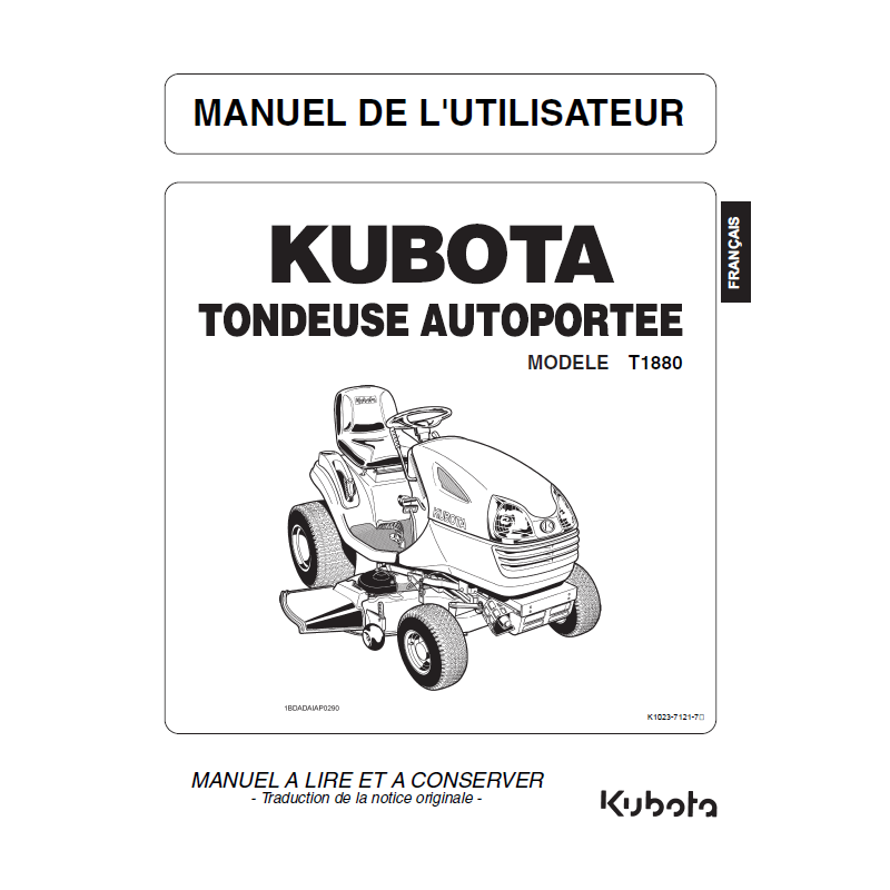 Manuel d'utilisateur tondeuse Kubota T1880 - Version papier Manuels espaces verts