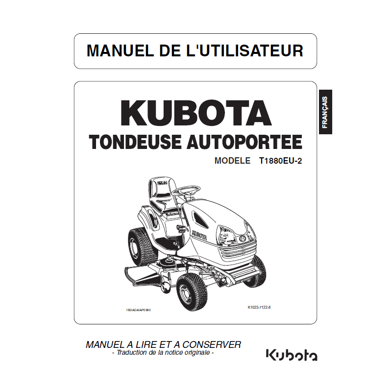 Manuel d'utilisateur tondeuse Kubota T1880EU-2 - Version papier Manuels espaces verts